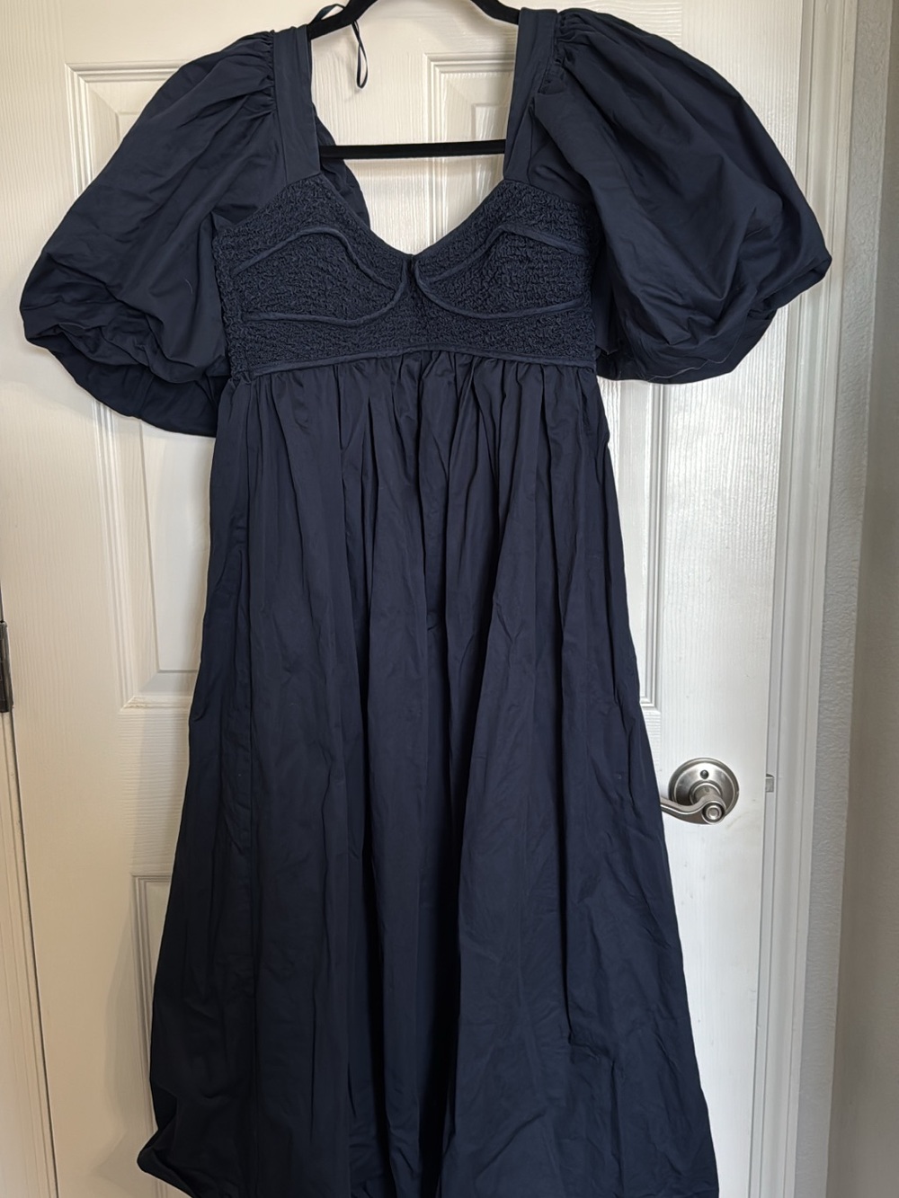 Puff-Sleeve Navy Midi Dress with Smocked Bodice